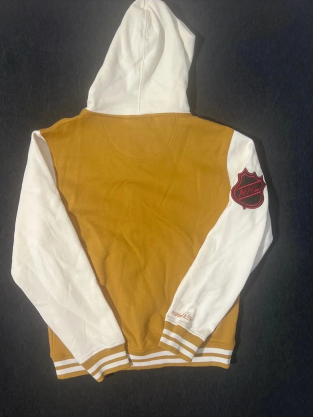 Mitchell & Ness Blackhawks Hooded Varsity Jacket in Gold & White